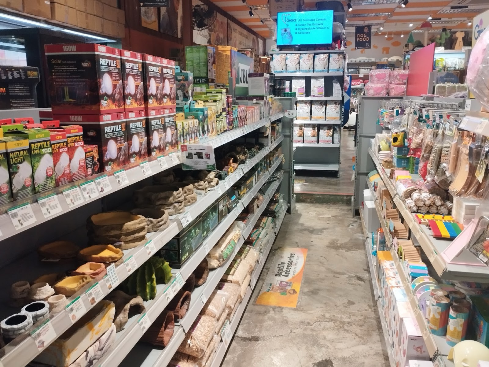 The reptile and dry-goods aisle stocked with terrarium supplies and driftwood