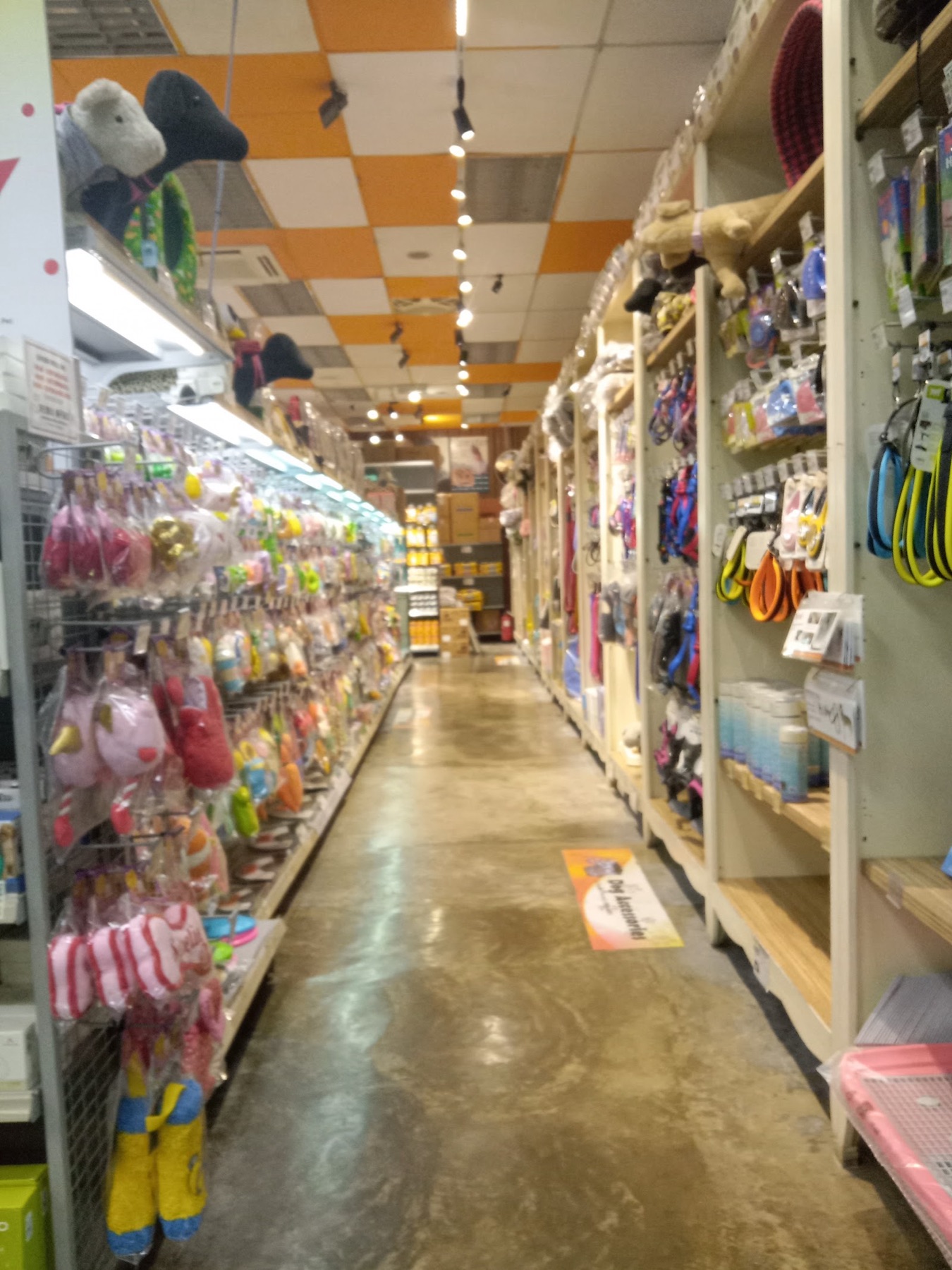 A long aisle of pet accessories, leashes, apparel and supplies